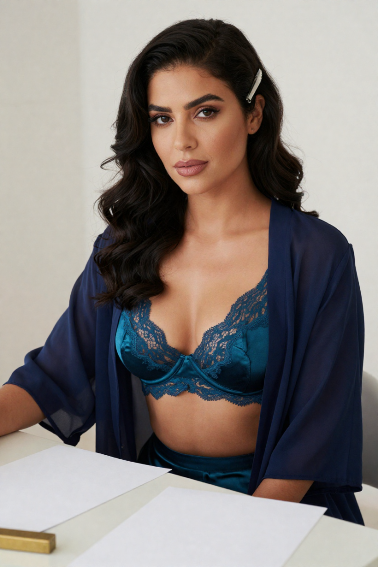 HaiwaiChinese muse in teal satin and lace lingerie at a writing desk with blank paper