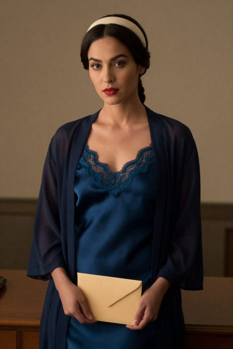 HaiwaiChinese muse in a deep teal silk slip dress holding a plain envelope at a desk